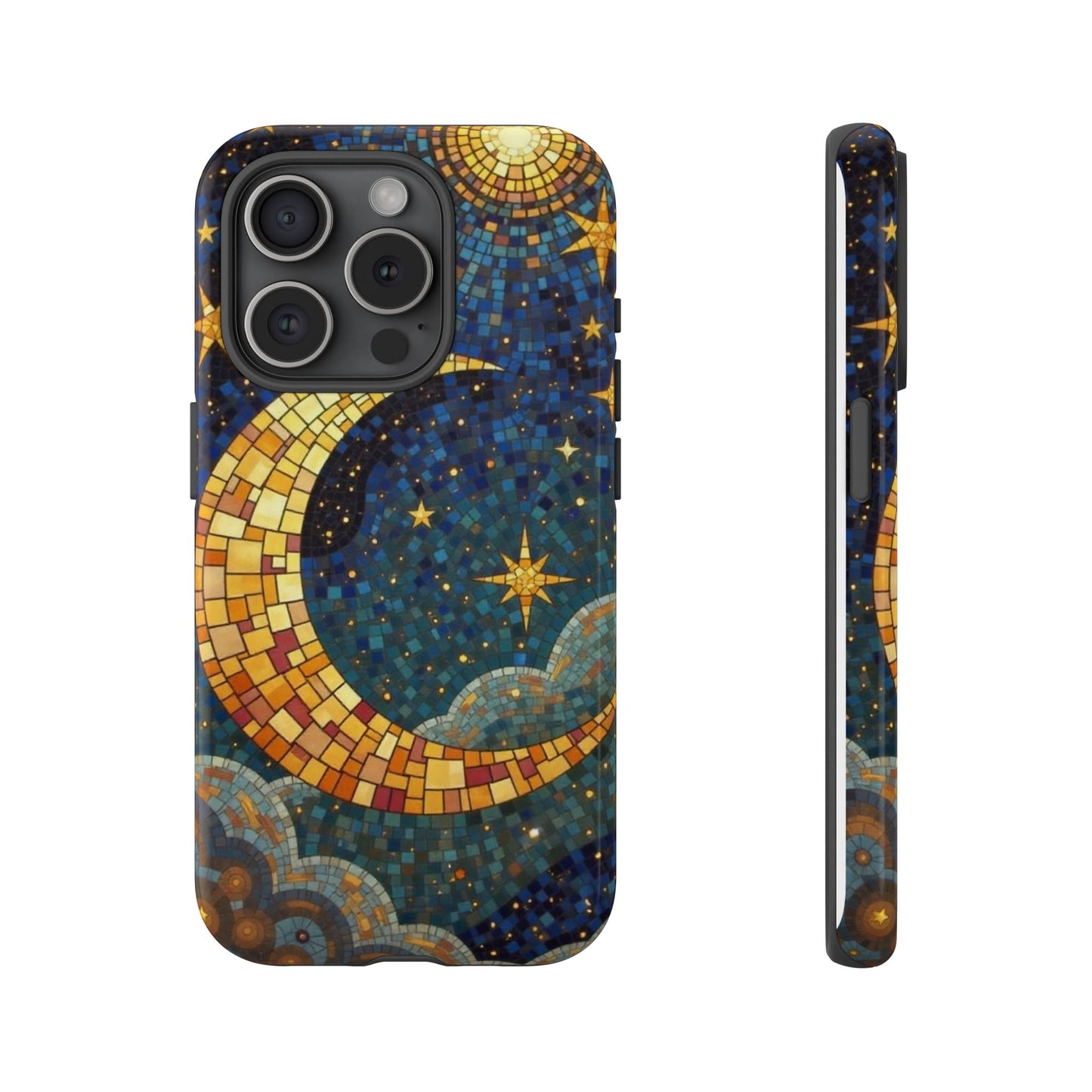 Golden Crescent: Mosaic Moon and Starry Night