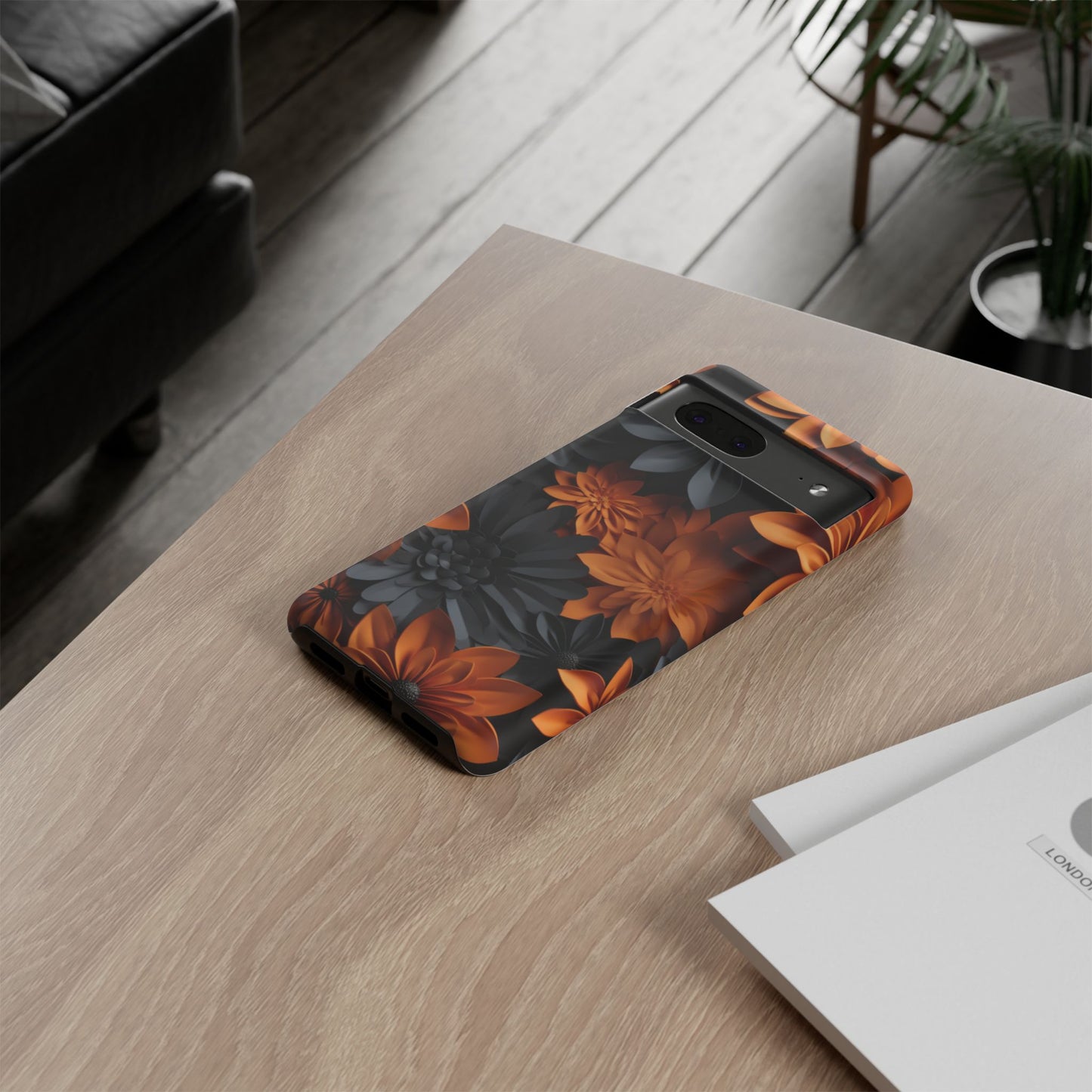 Orange & Black 3D Floral Mobile Case