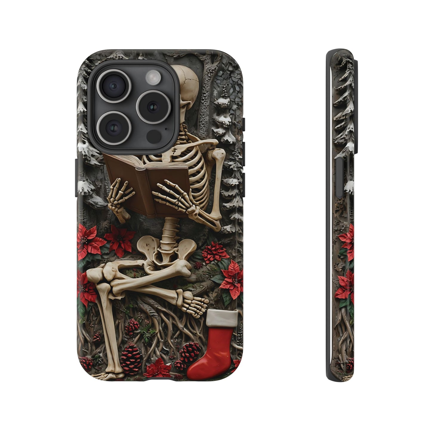 Surreal Relief Sculpture of Skeleton Reading Amidst Festive Decor phone case design