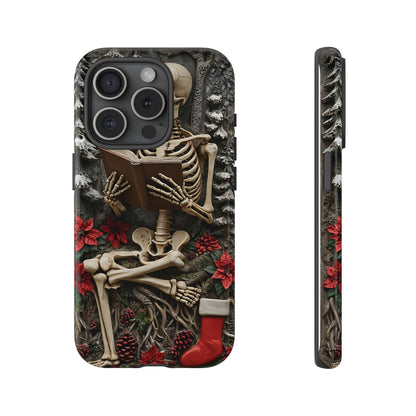 Surreal Relief Sculpture of Skeleton Reading Amidst Festive Decor phone case design