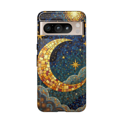 Golden Crescent: Mosaic Moon and Starry Night