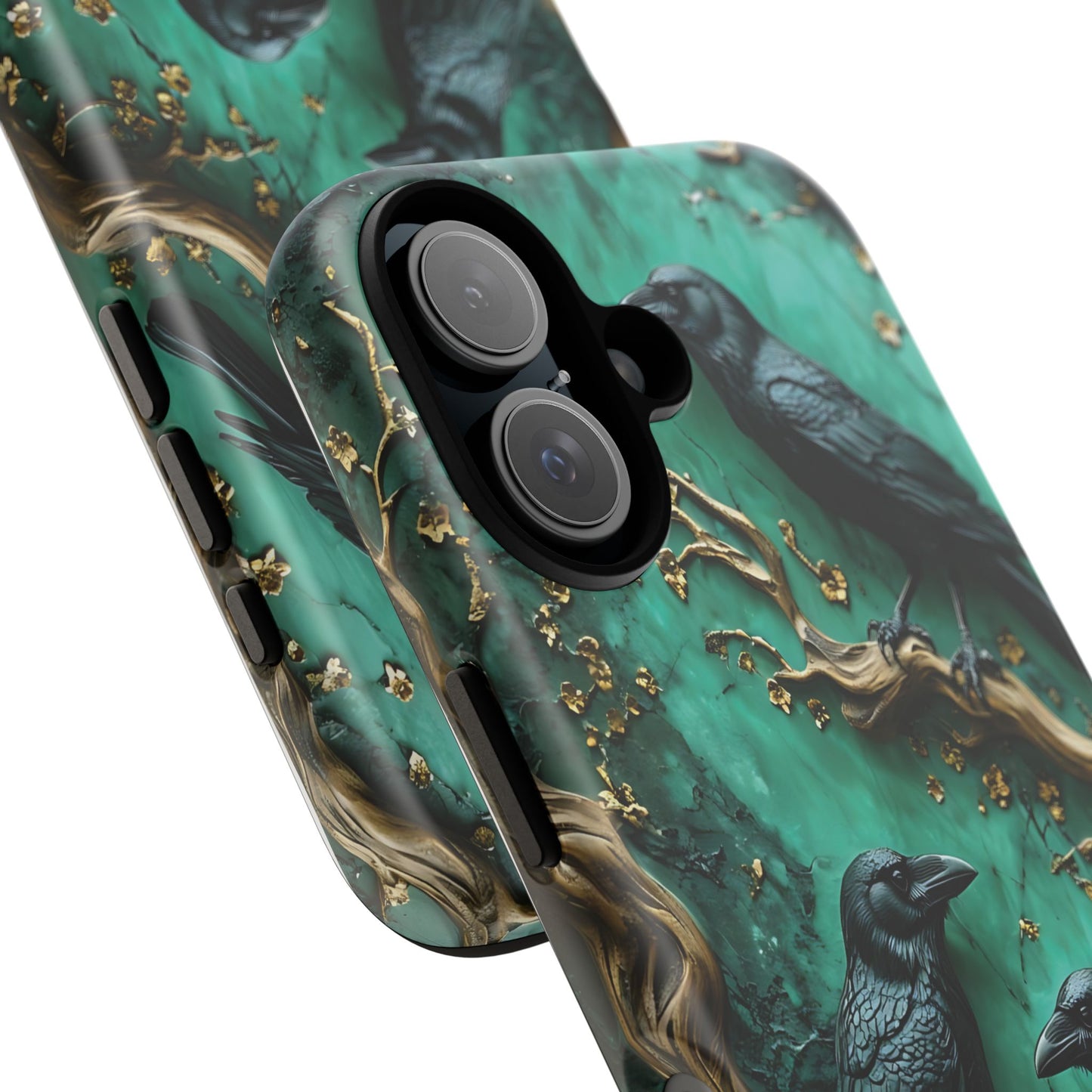 Three Black Ravens Perched On Gold-Accent Branches phone case design