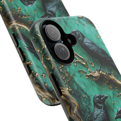 Three Black Ravens Perched On Gold-Accent Branches phone case design