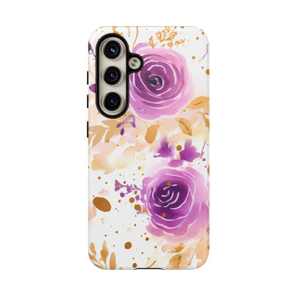 Purple Bloom Watercolor Mobile Case – Artistic Elegance in Gold & Lilac