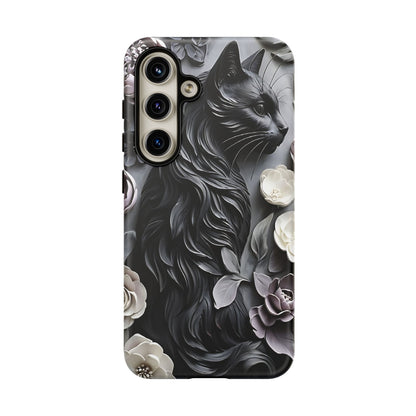 Intricate Bas-Relief Sculpture Of Black Cat Among Flowers phone case design