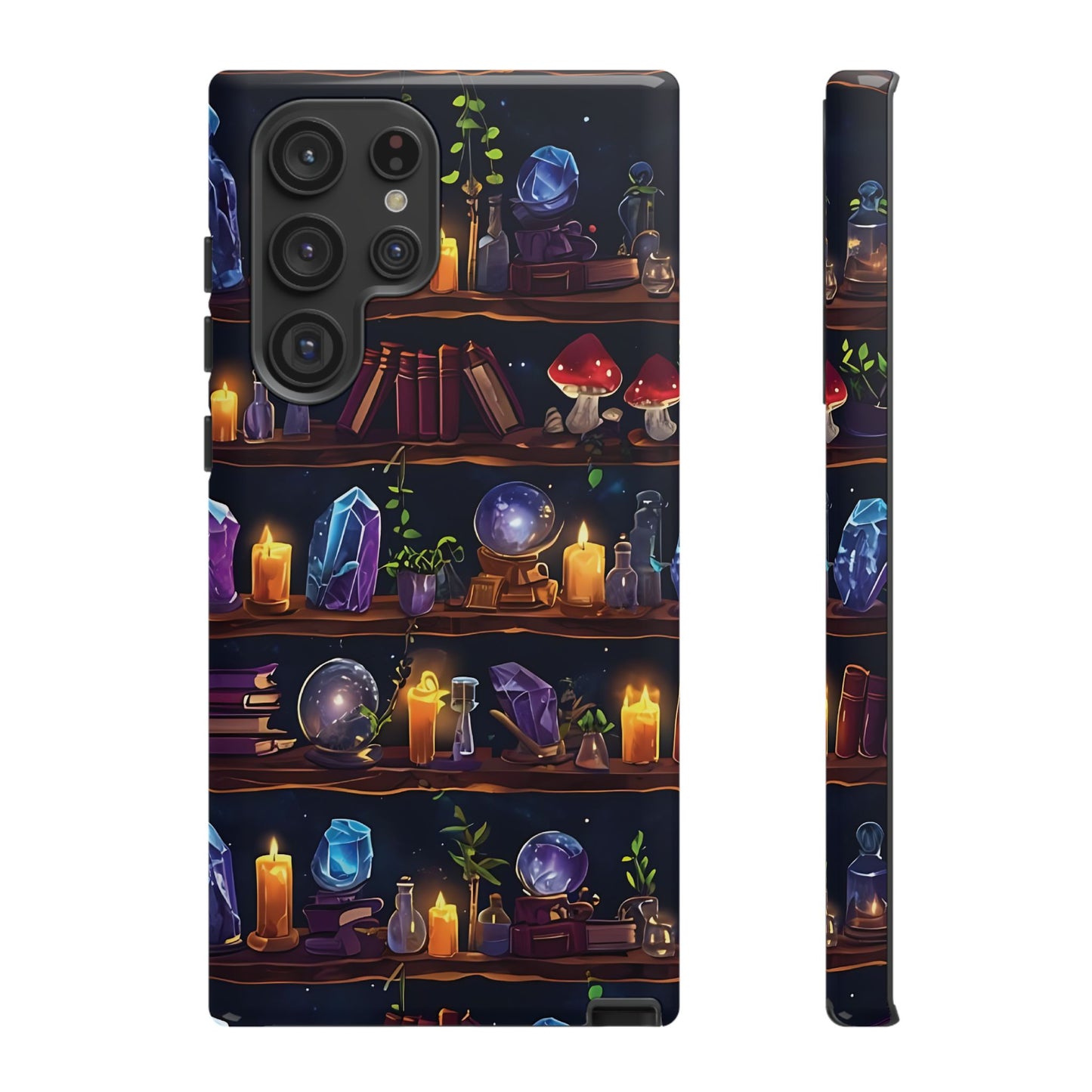 Fantasy Seamless Pattern Of Wooden Shelves Filled With Mystical Items phone case design.