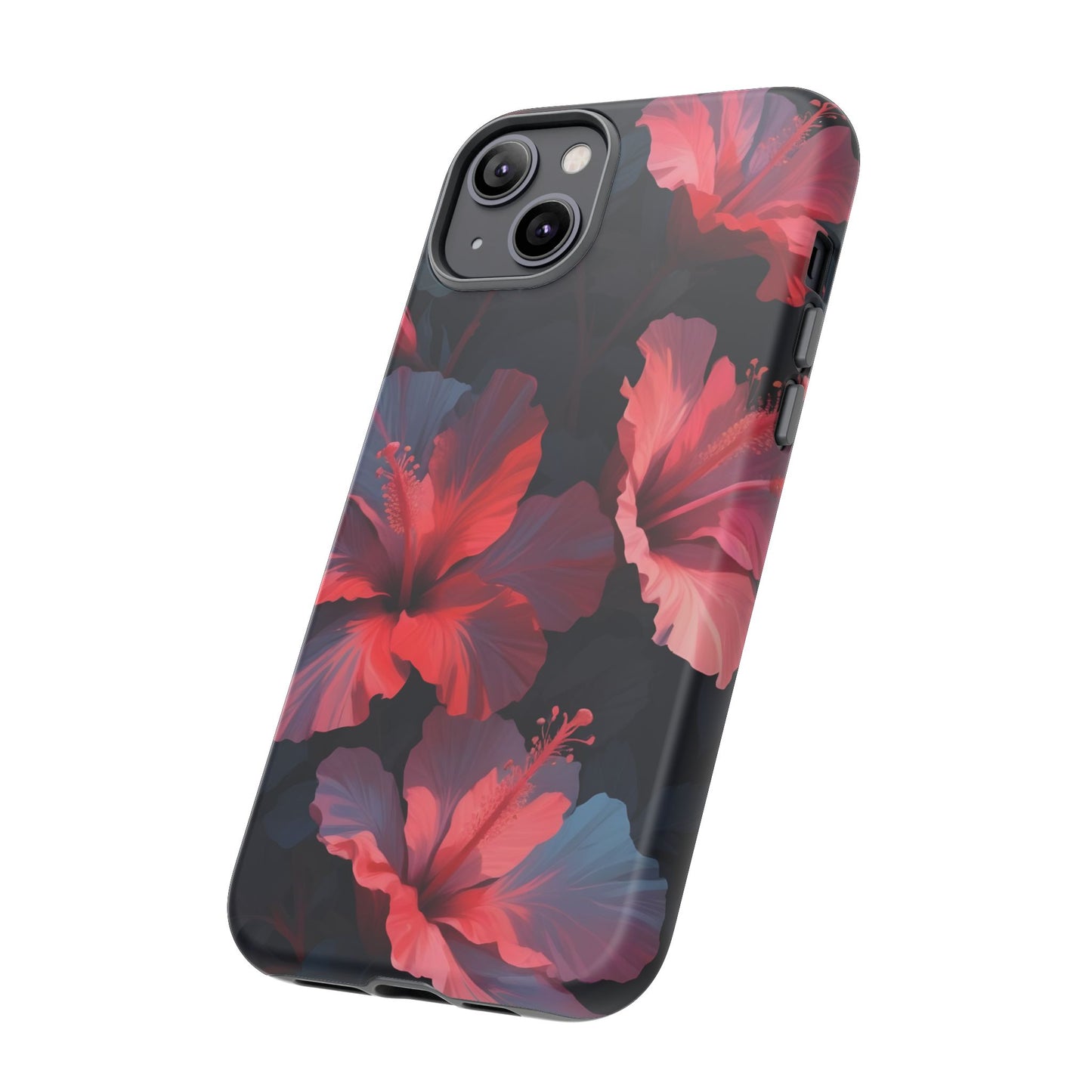 Vibrant red and pink hibiscus flowers blooming against a dark background| Floral phone case design