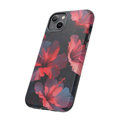 Vibrant red and pink hibiscus flowers blooming against a dark background| Floral phone case design