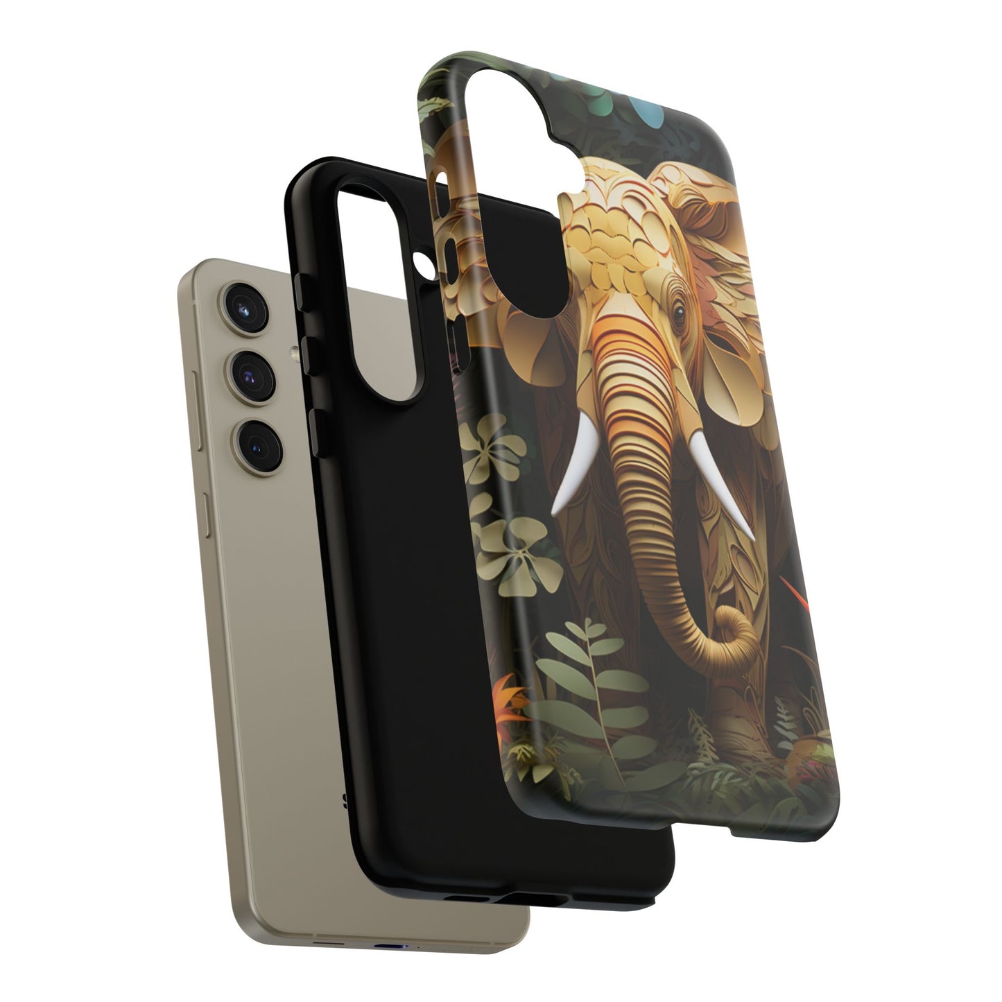 Golden Jungle Elephant Mobile Cover – Intricate Paper Art Design