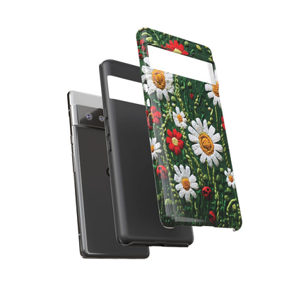 Intricate Embroidered Fabric Featuring Daisies And Ladybugs phone case design