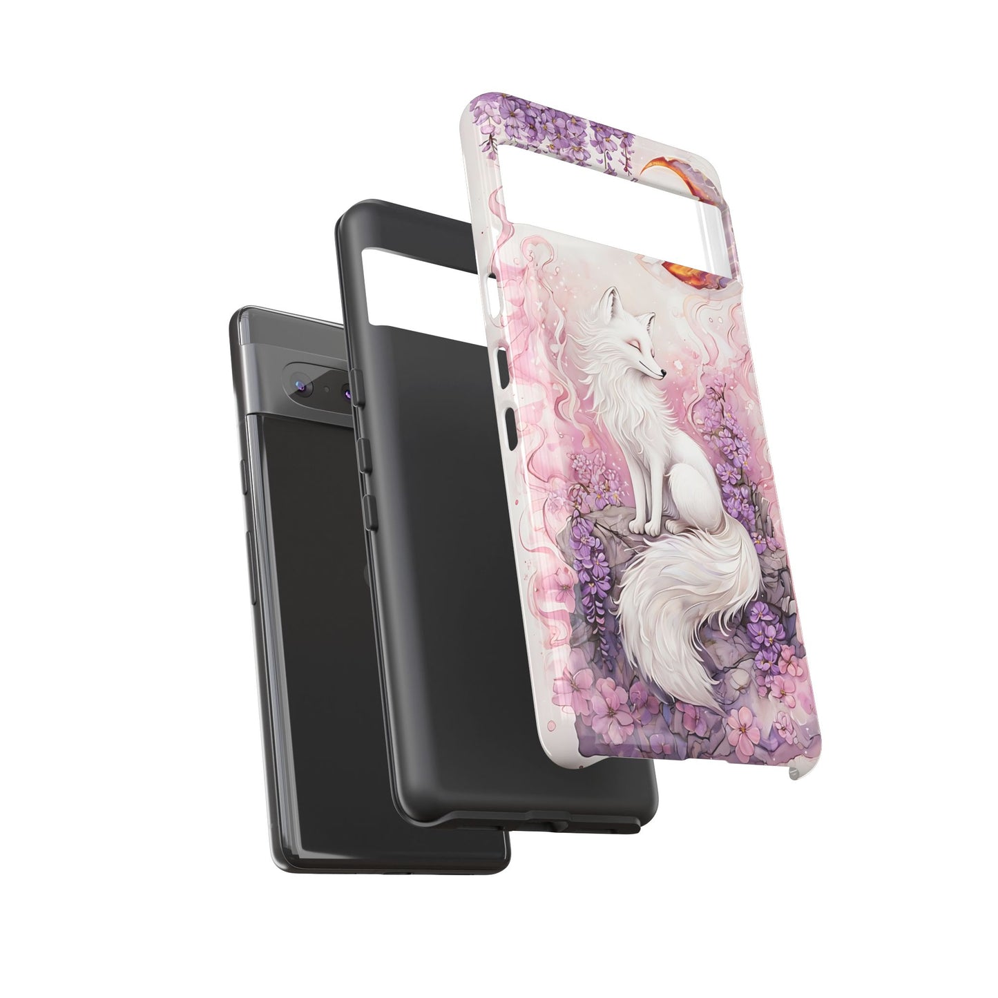 Whimsical White Fox Surrounded By Lavender And Pink Blooms phone case design.