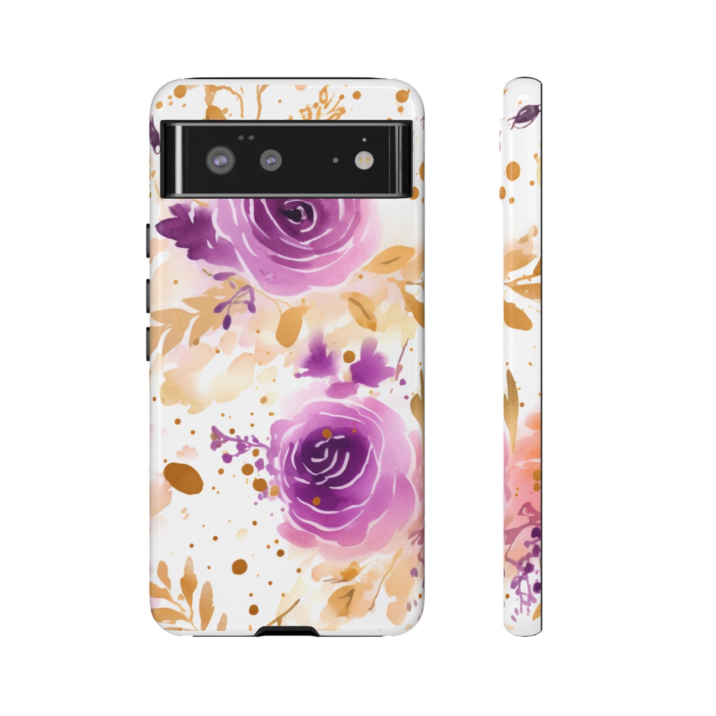 Purple Bloom Watercolor Mobile Case – Artistic Elegance in Gold & Lilac