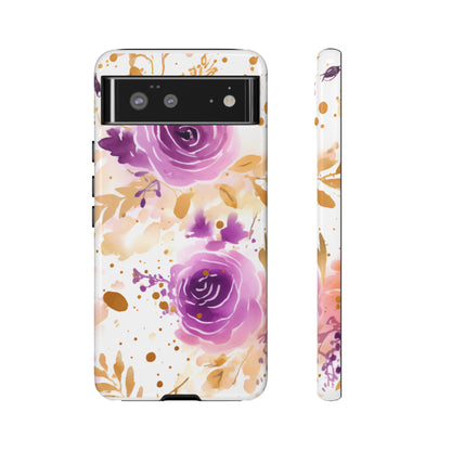 Purple Bloom Watercolor Mobile Case – Artistic Elegance in Gold & Lilac