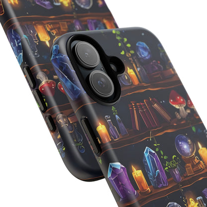 Fantasy Seamless Pattern Of Wooden Shelves Filled With Mystical Items phone case design.