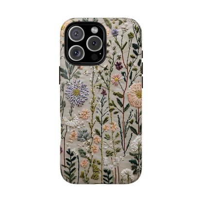 Intricate Embroidery Artwork Featuring Botanical Elements On Beige phone case design.