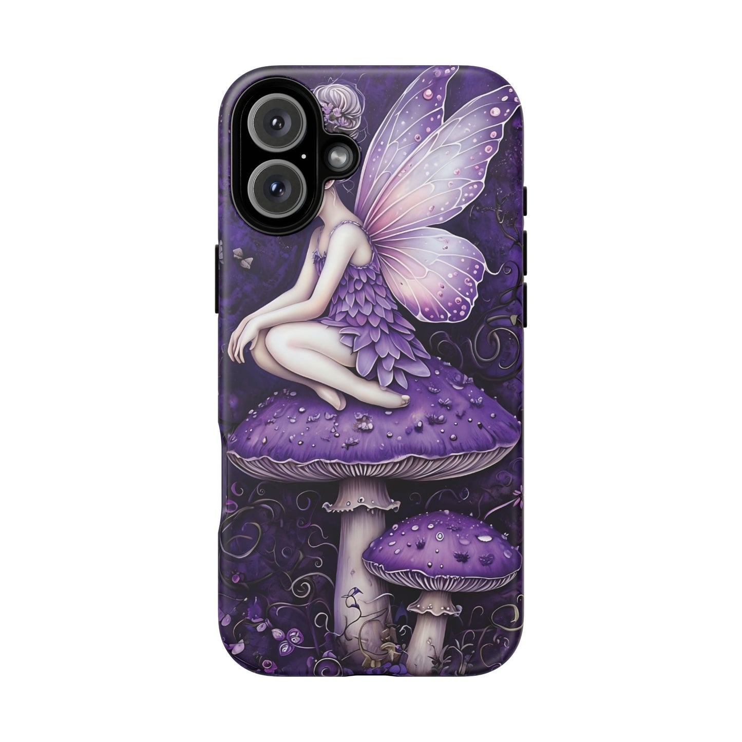 Whimsical Fairy Seated On Purple Mushroom In Enchanting Scene phone case design.