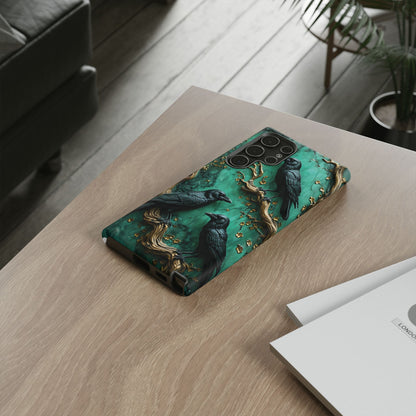 Three Black Ravens Perched On Gold-Accent Branches phone case design