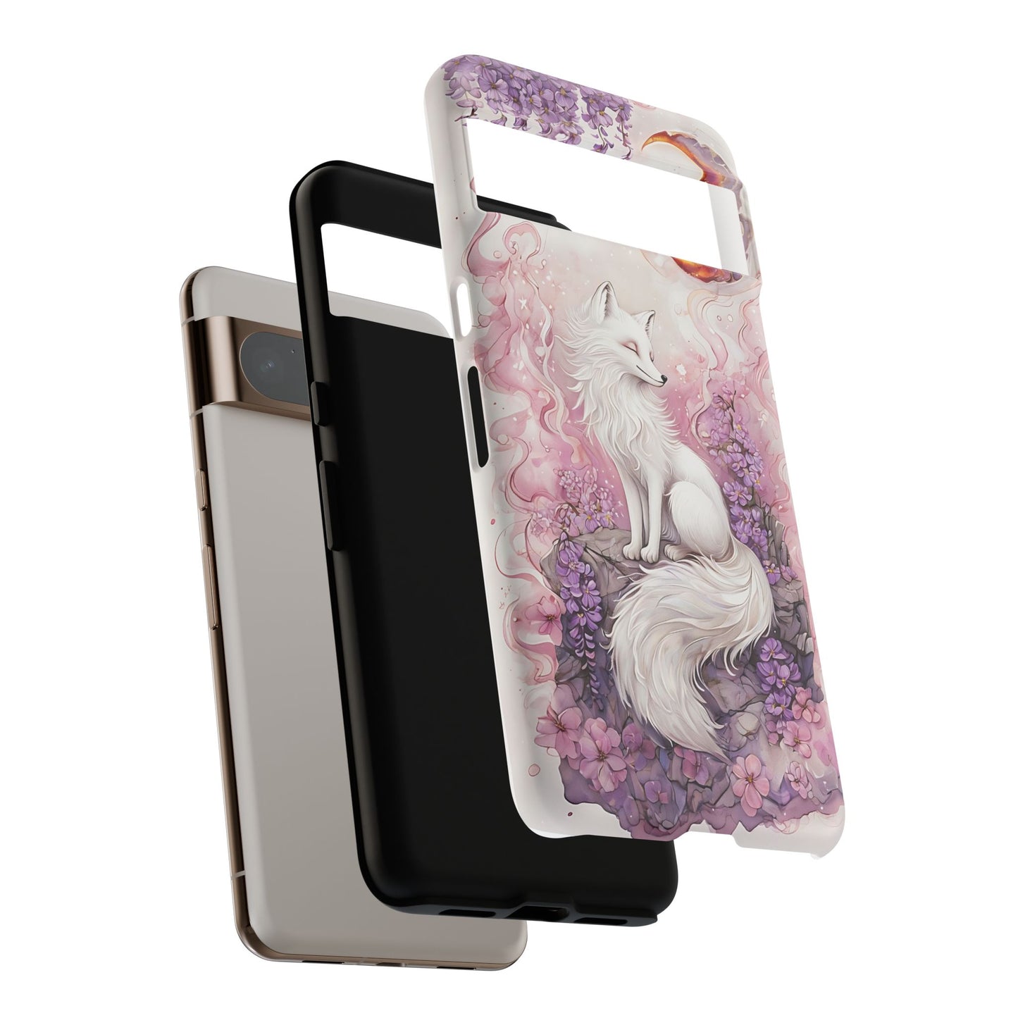 Whimsical White Fox Surrounded By Lavender And Pink Blooms phone case design.