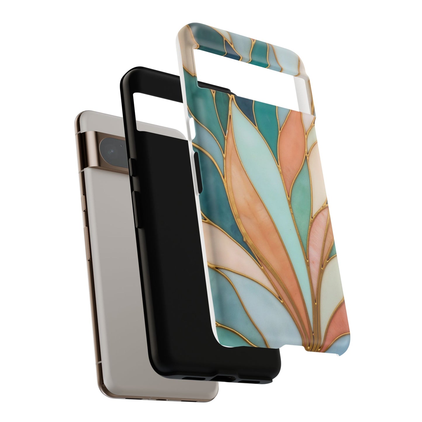Geometric Leaves: Teal, Peach, and Gold Harmony