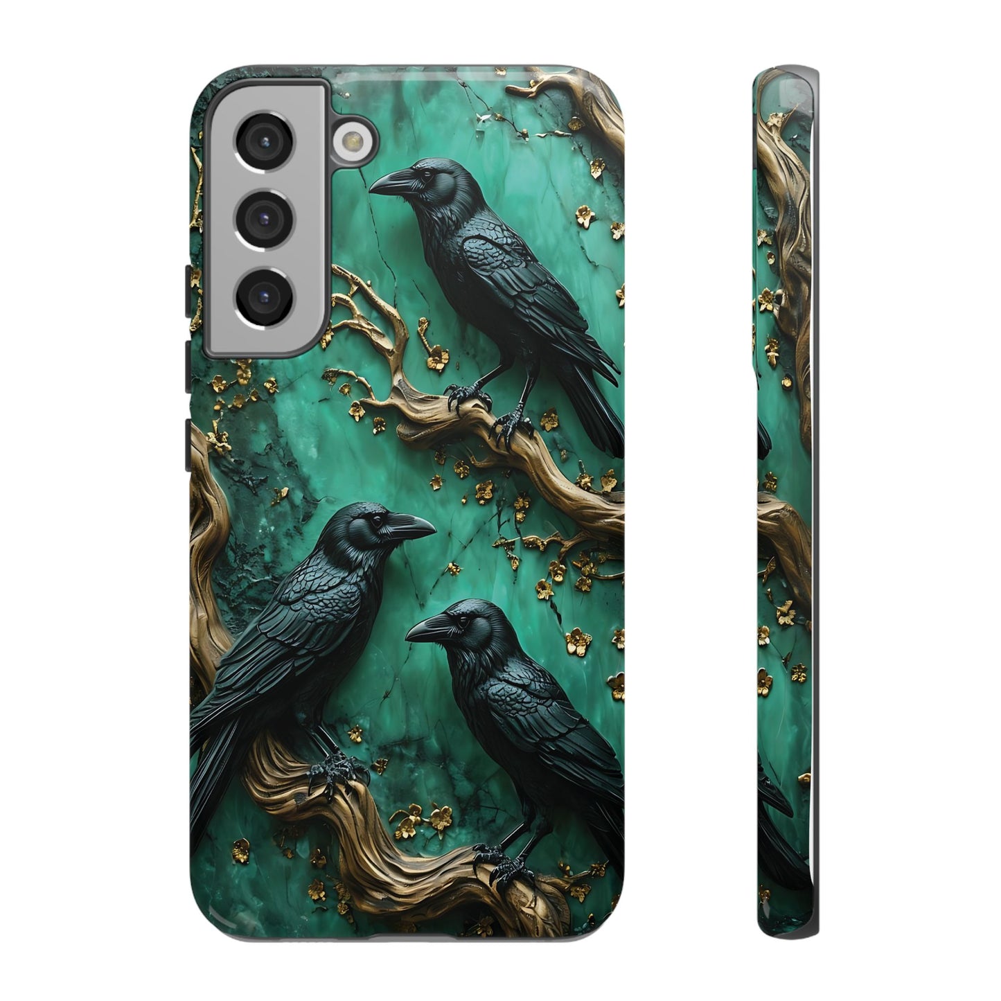 Three Black Ravens Perched On Gold-Accent Branches phone case design