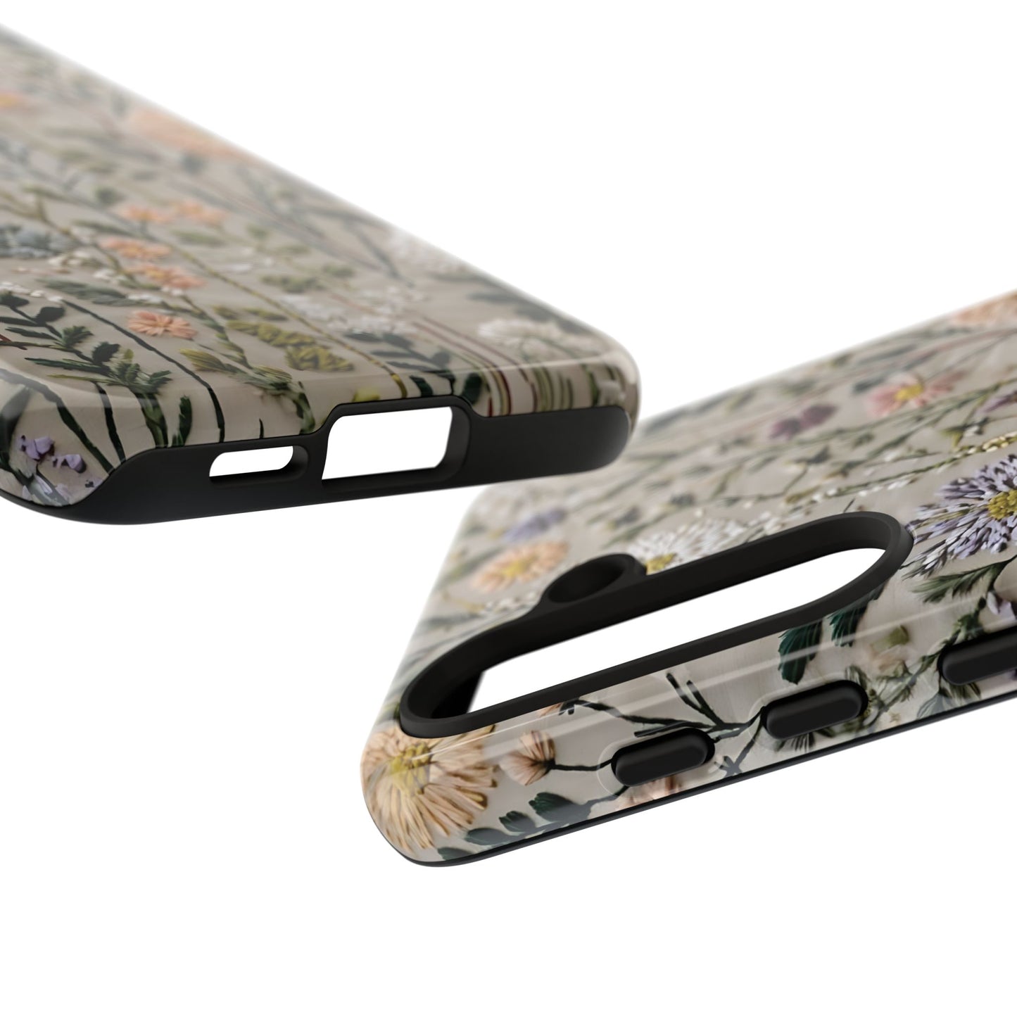 Intricate Embroidery Artwork Featuring Botanical Elements On Beige phone case design.