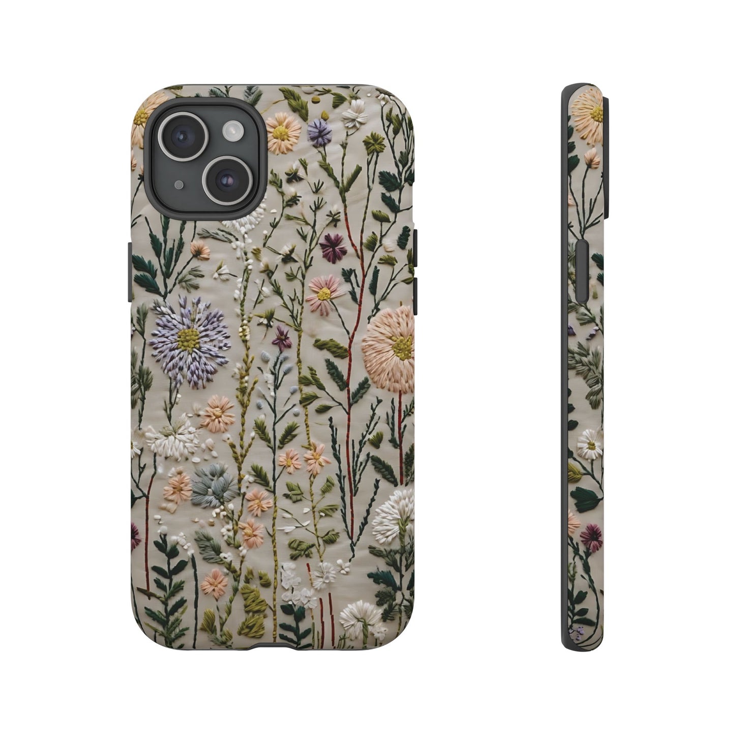 Intricate Embroidery Artwork Featuring Botanical Elements On Beige phone case design.