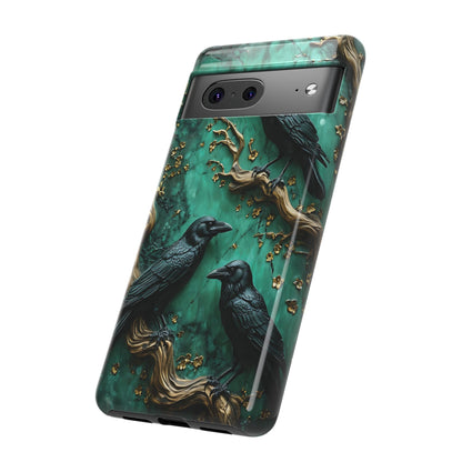 Three Black Ravens Perched On Gold-Accent Branches phone case design