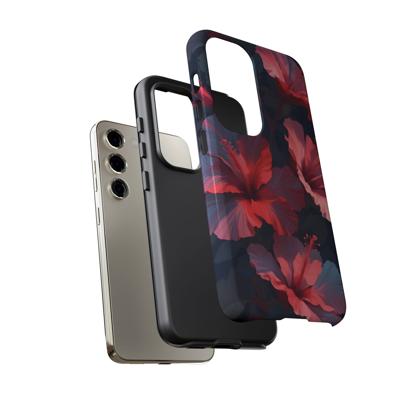 Vibrant red and pink hibiscus flowers blooming against a dark background| Floral phone case design