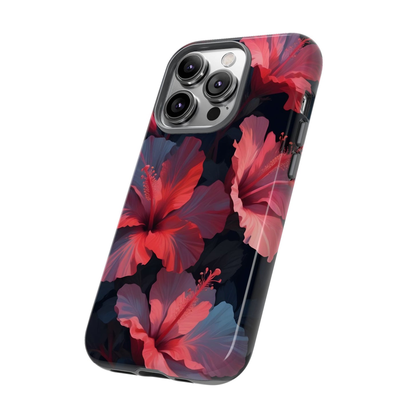 Vibrant red and pink hibiscus flowers blooming against a dark background| Floral phone case design