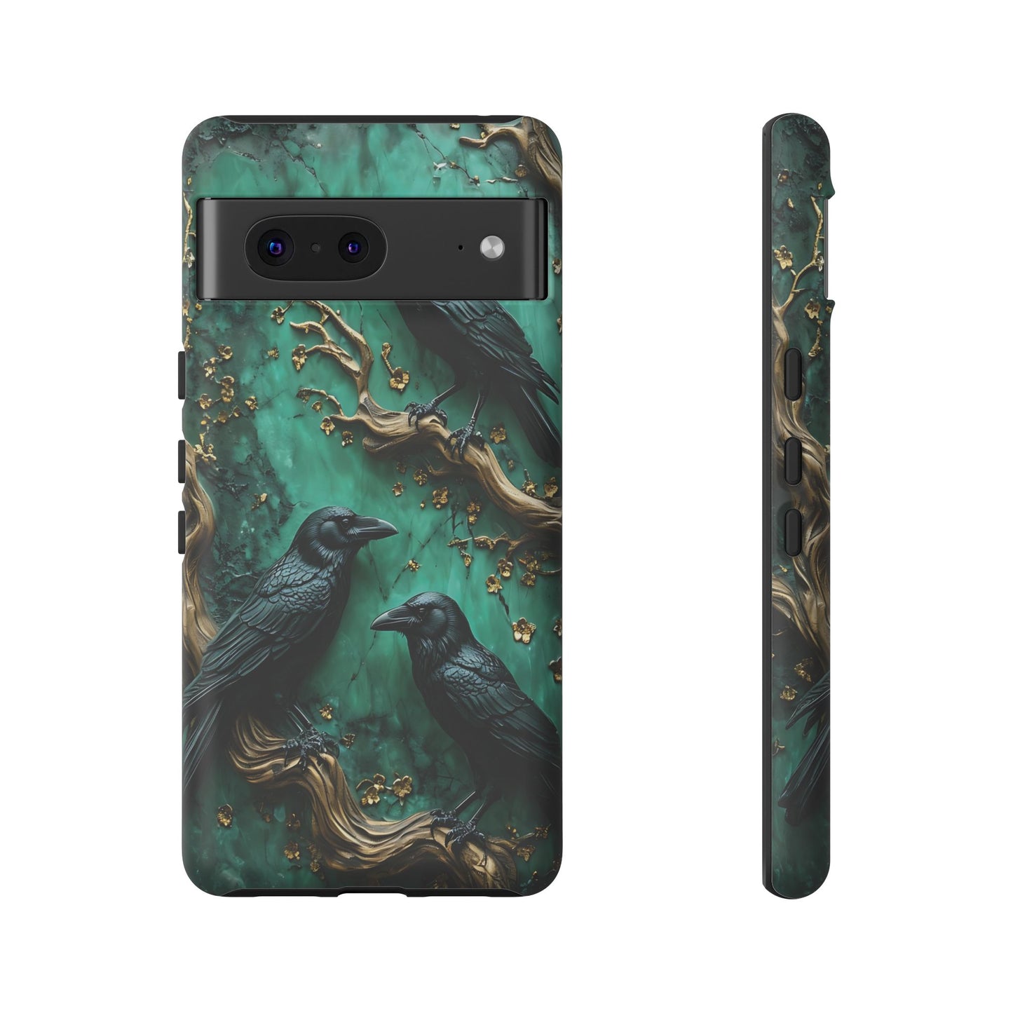 Three Black Ravens Perched On Gold-Accent Branches phone case design