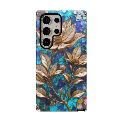 Golden Blossoms on Mosaic Blue Elegance