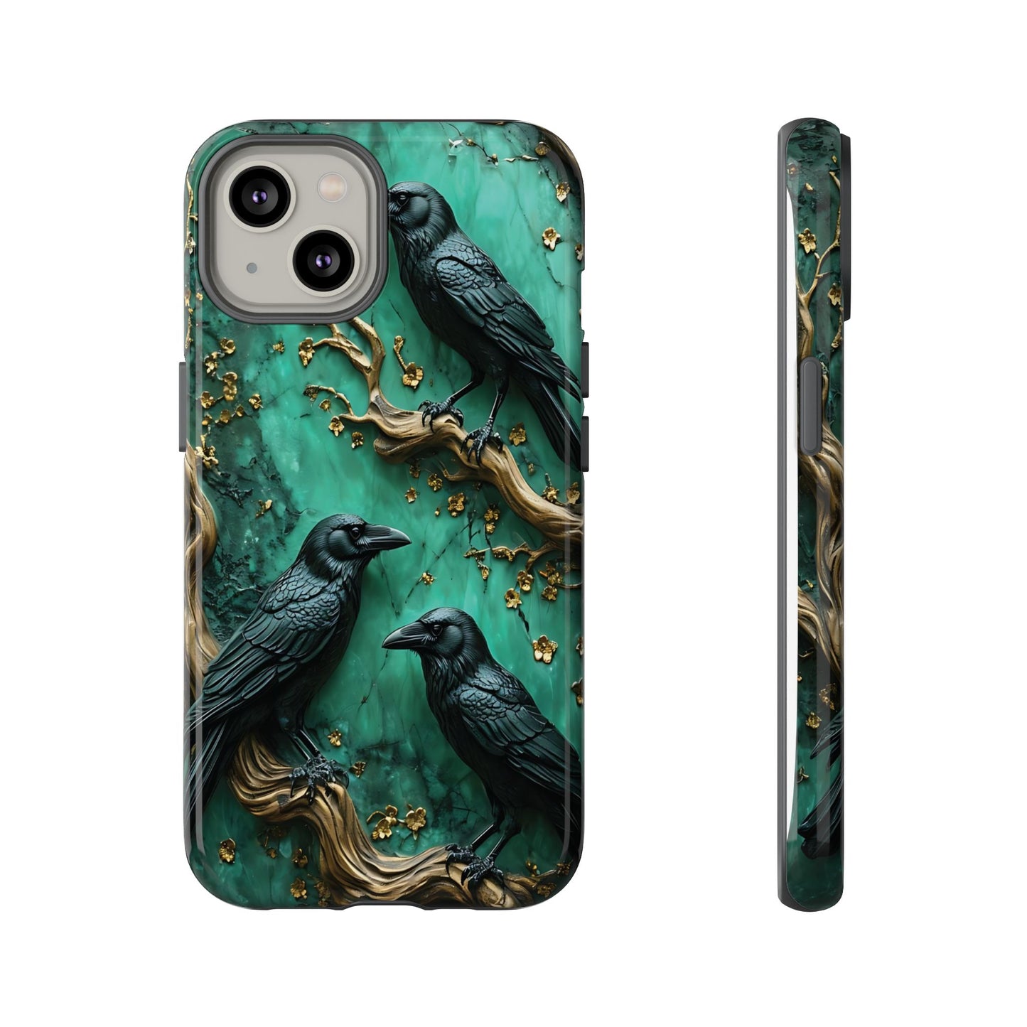 Three Black Ravens Perched On Gold-Accent Branches phone case design