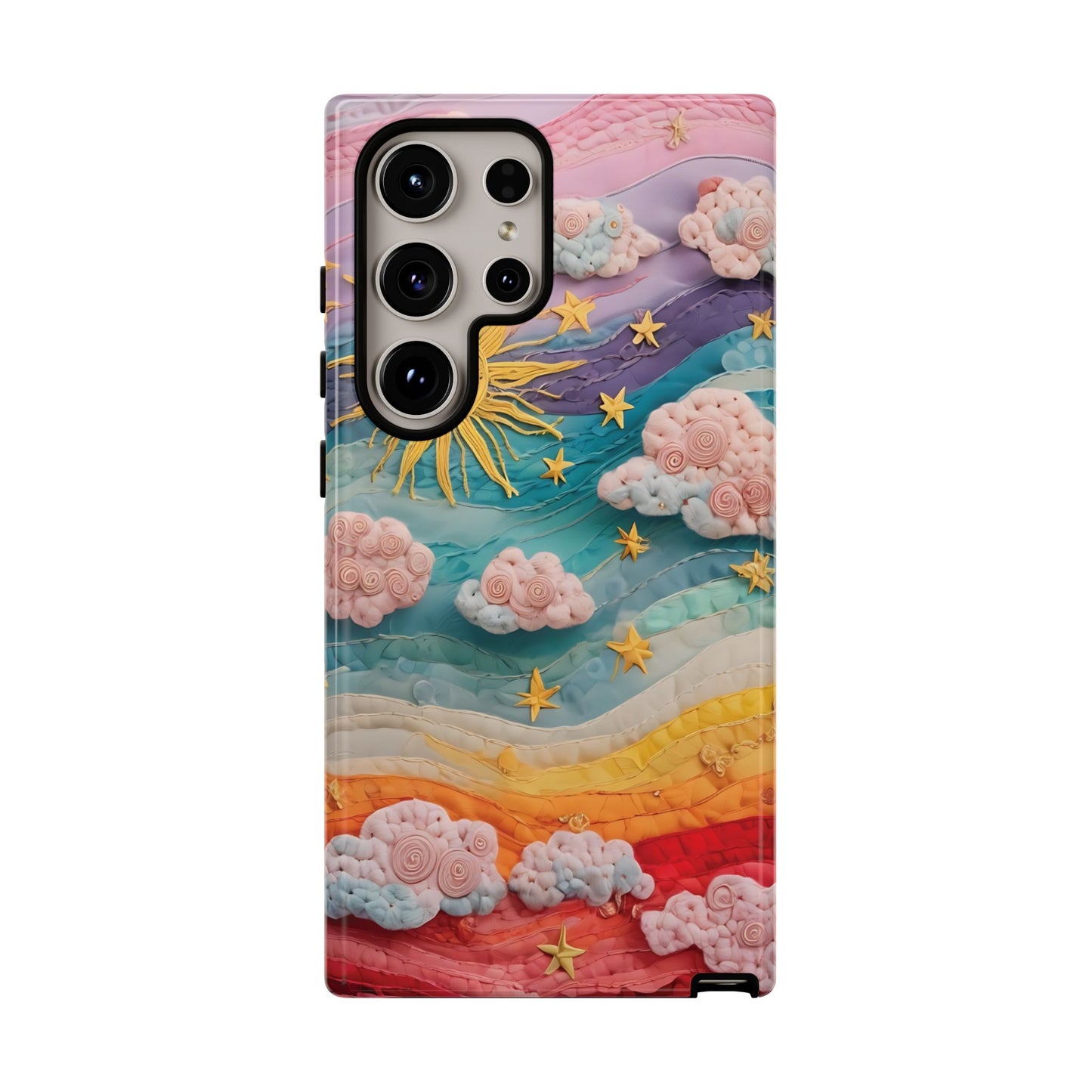 Whimsical Fiber Art Sky Scene With Dynamic Stripes And Clouds phone case design.
