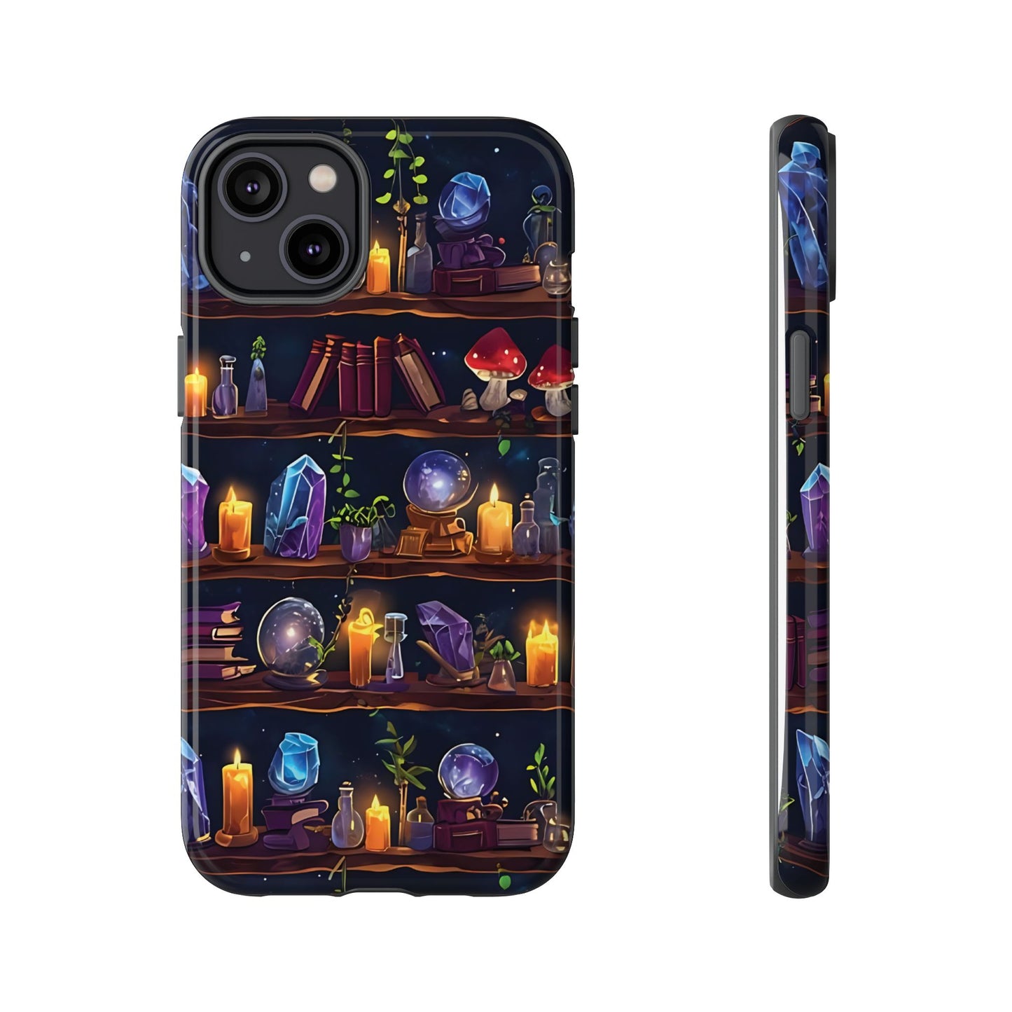 Fantasy Seamless Pattern Of Wooden Shelves Filled With Mystical Items phone case design.