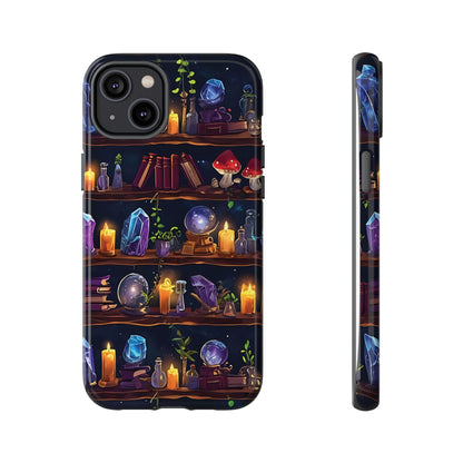 Fantasy Seamless Pattern Of Wooden Shelves Filled With Mystical Items phone case design.