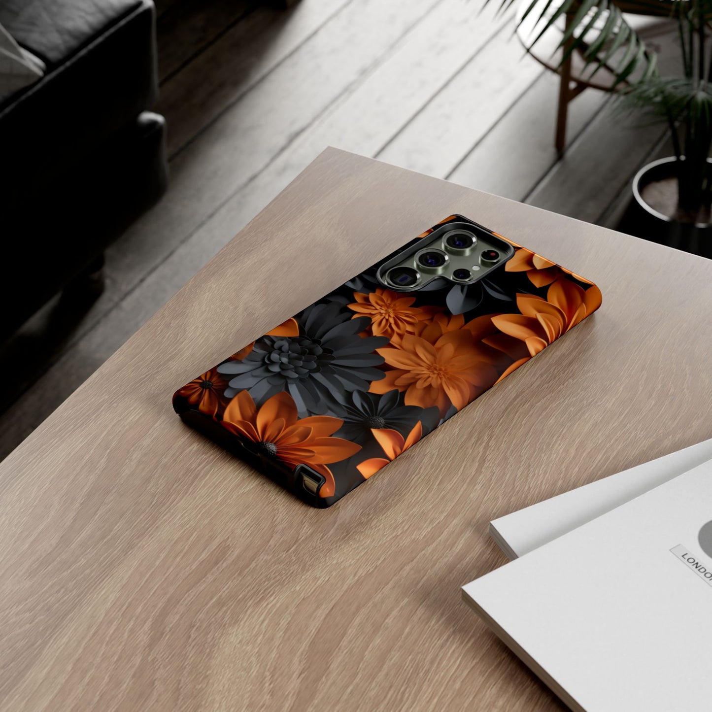 Orange & Black 3D Floral Mobile Case