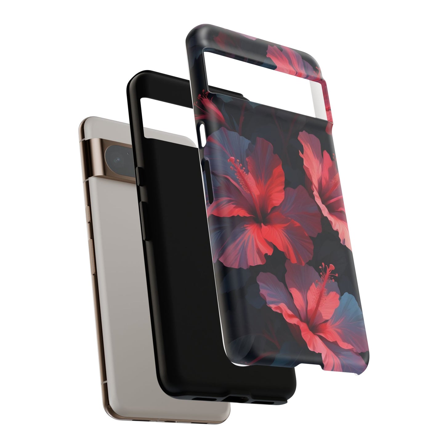 Vibrant red and pink hibiscus flowers blooming against a dark background| Floral phone case design