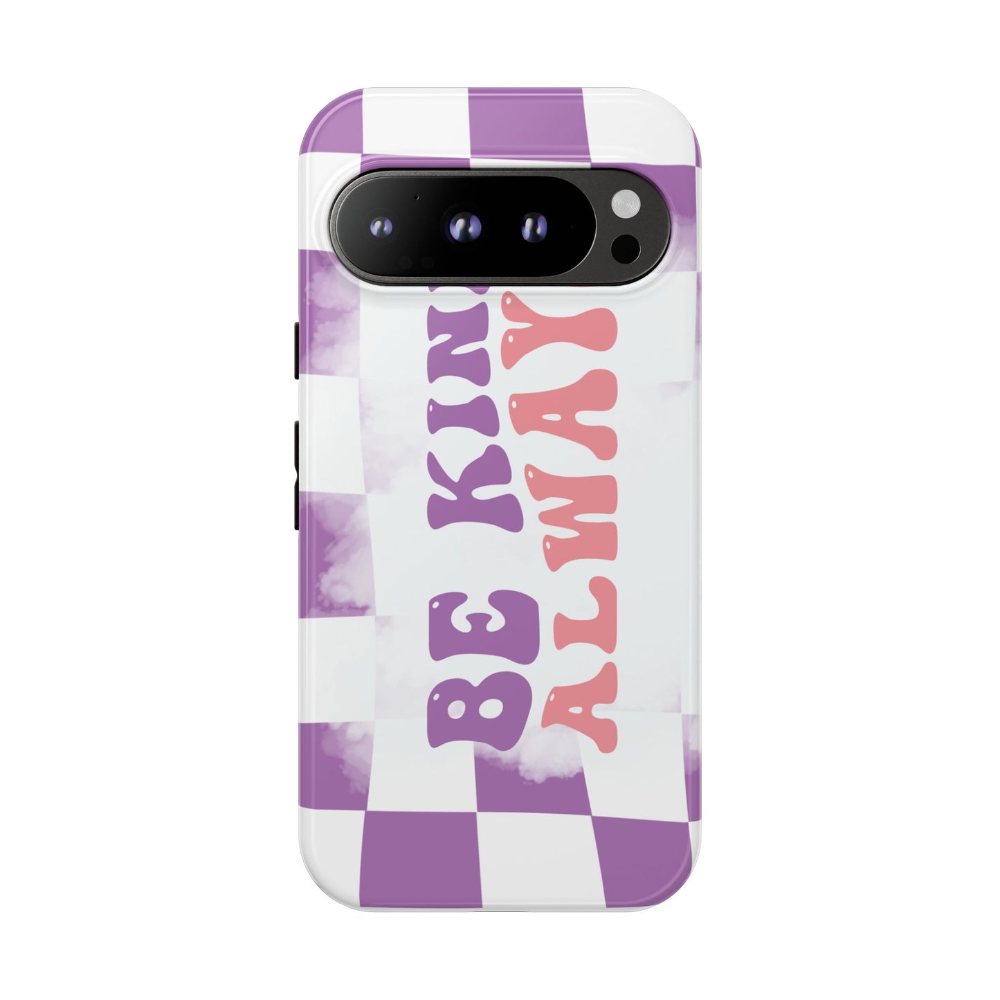 Be Kind Always Phone Case, Motivational Quote Cover for iPhone, Samsung & Google Pixel White Purple Checkered Pattern Phone Cover, Wavy Text Case, Kindness Phone Case, Inspirational Gift