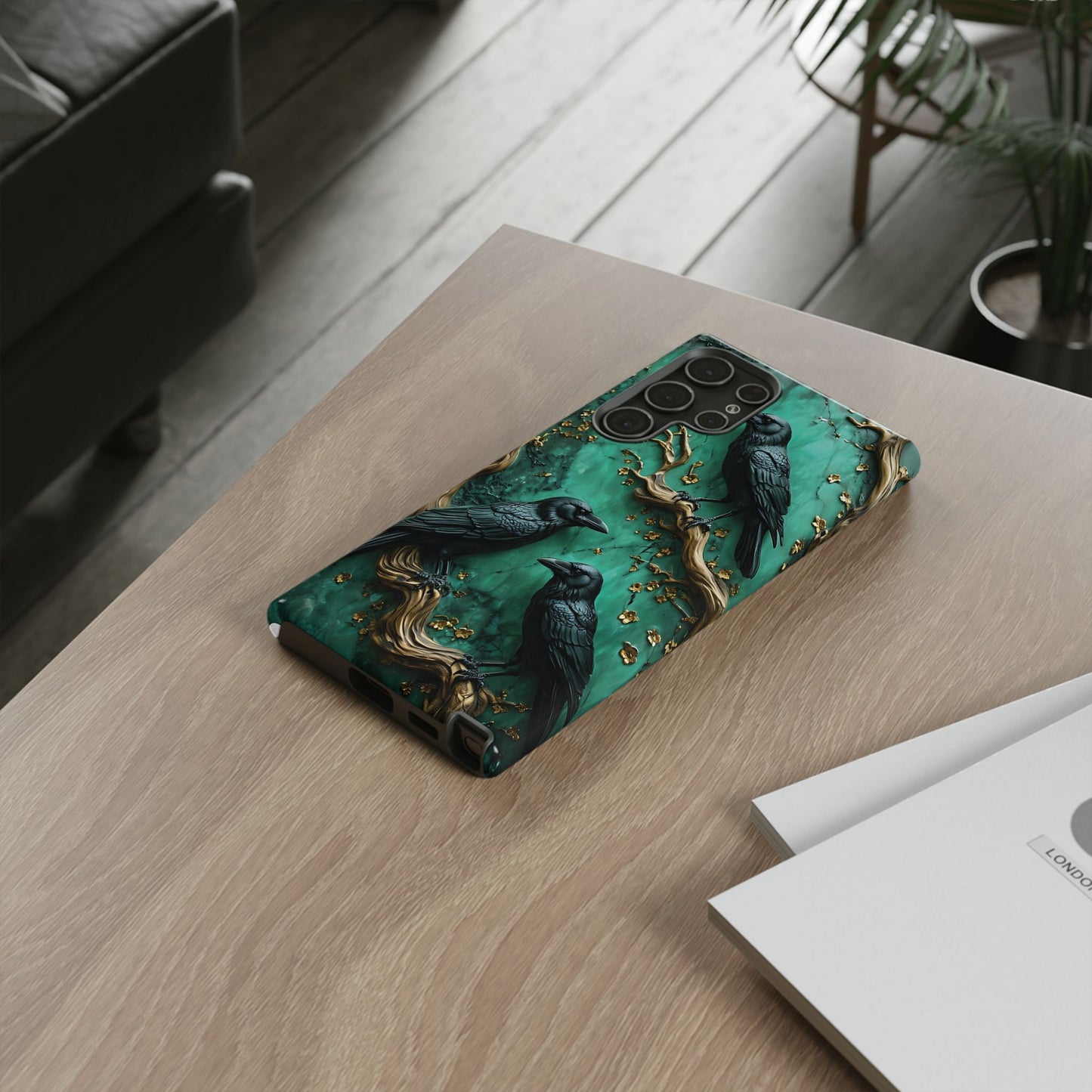 Three Black Ravens Perched On Gold-Accent Branches phone case design