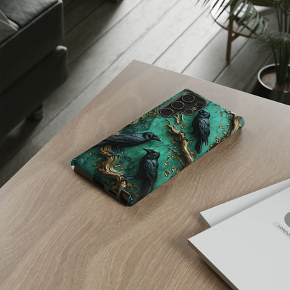 Three Black Ravens Perched On Gold-Accent Branches phone case design