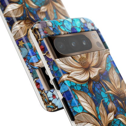 Golden Blossoms on Mosaic Blue Elegance