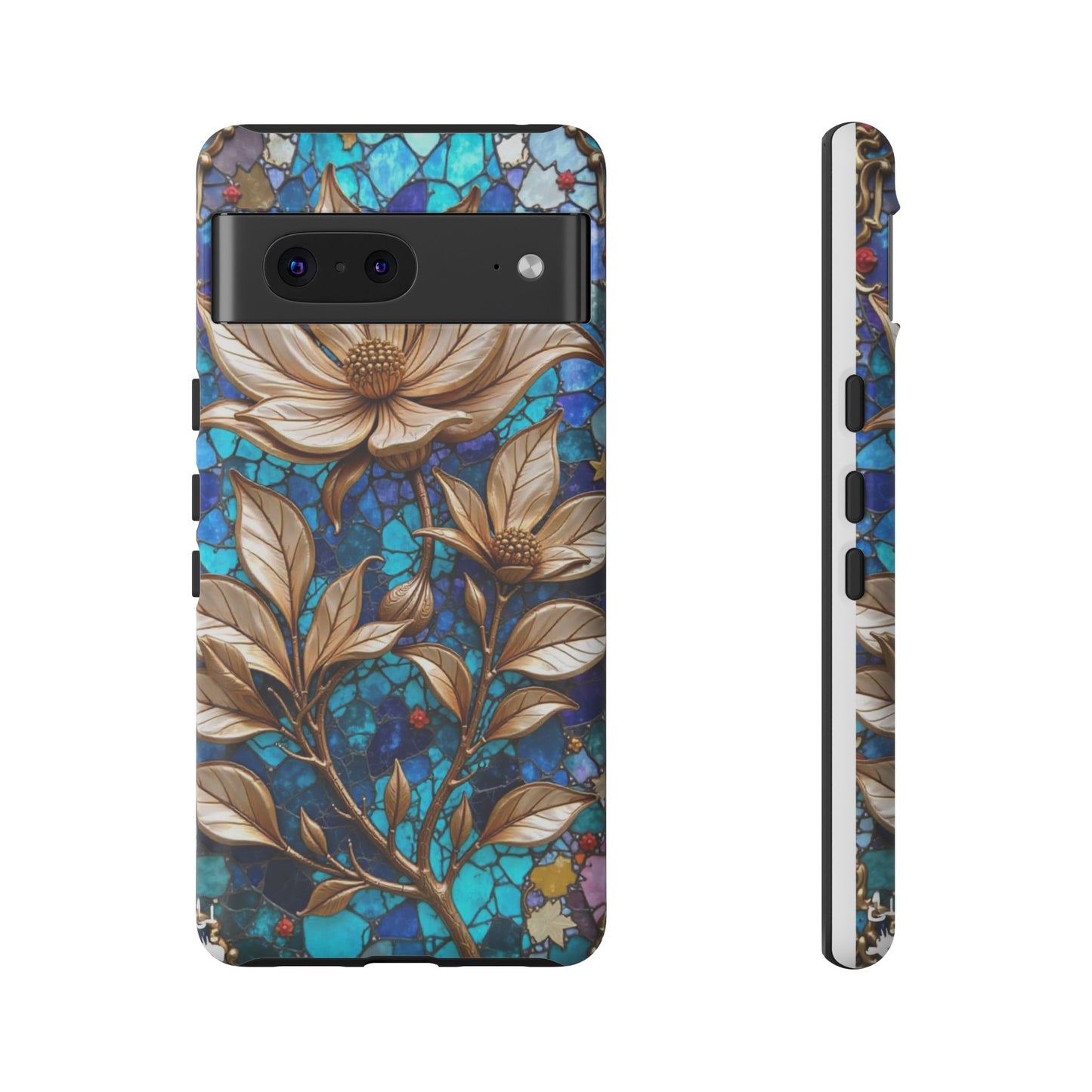 Golden Blossoms on Mosaic Blue Elegance