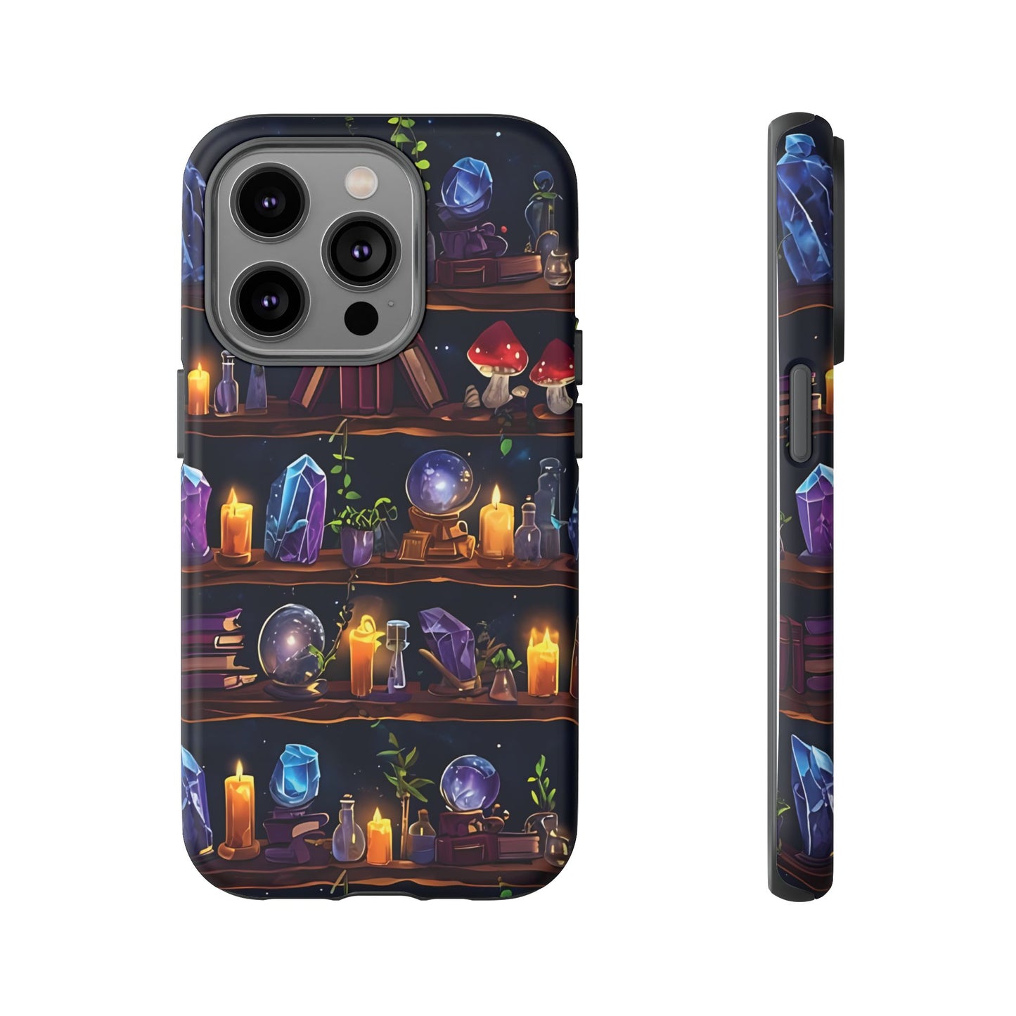Fantasy Seamless Pattern Of Wooden Shelves Filled With Mystical Items phone case design.