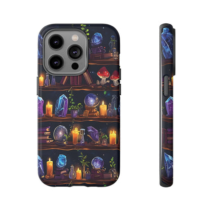 Fantasy Seamless Pattern Of Wooden Shelves Filled With Mystical Items phone case design.