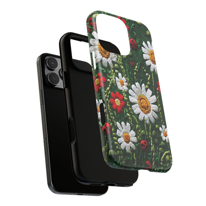 Intricate Embroidered Fabric Featuring Daisies And Ladybugs phone case design