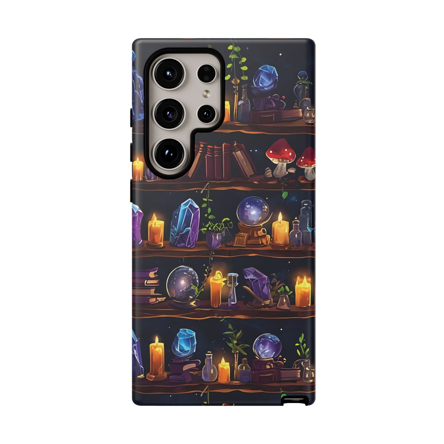 Fantasy Seamless Pattern Of Wooden Shelves Filled With Mystical Items phone case design.