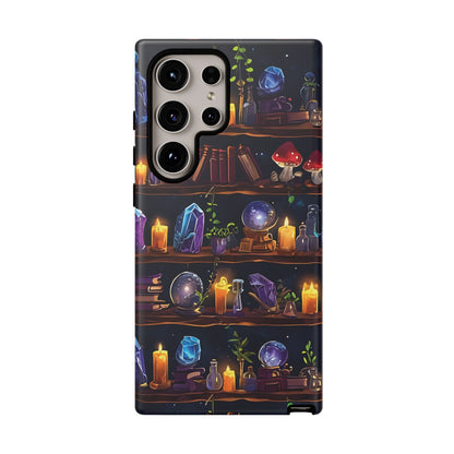 Fantasy Seamless Pattern Of Wooden Shelves Filled With Mystical Items phone case design.