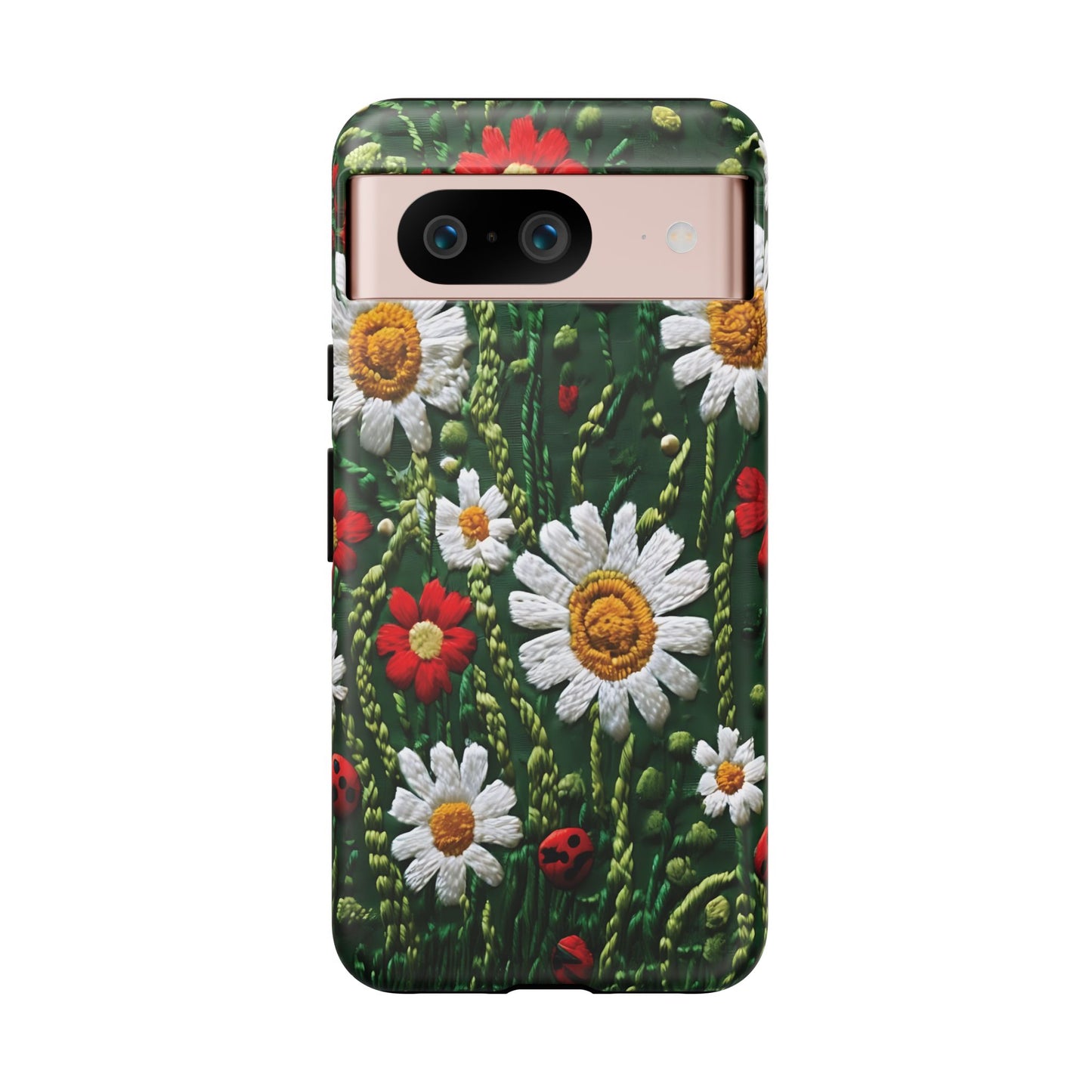 Intricate Embroidered Fabric Featuring Daisies And Ladybugs phone case design