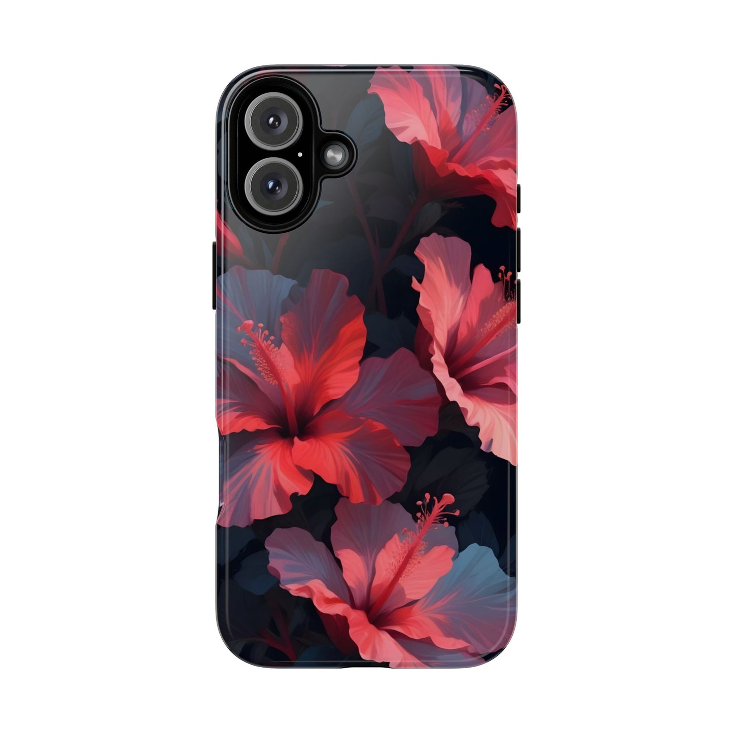 Vibrant red and pink hibiscus flowers blooming against a dark background| Floral phone case design