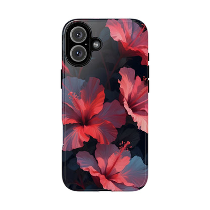 Vibrant red and pink hibiscus flowers blooming against a dark background| Floral phone case design